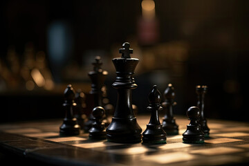 Chess pieces on chessboard, dark background. Strategy and tactics for winning. Created with Generative AI