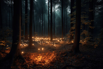 Naklejka premium Magic fairy tale forest at night. Fantasy forest with glowing lights. Created with Generative AI