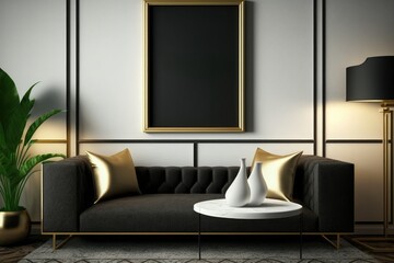 Interior of modern living room with black and gold furniture