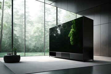 Interior of modern living room with black walls, concrete floor, panoramic windows and black tv screen