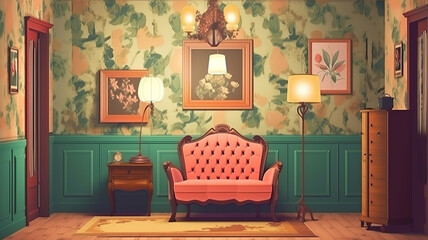 Aged room with floral wallpaper. Generative Ai