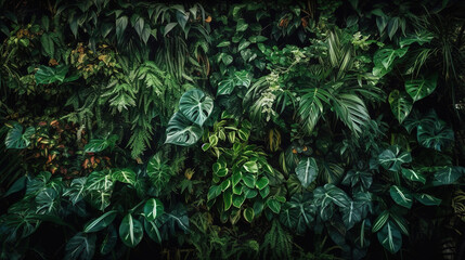 Wall of green plants. Natural background of tropical plants. Generative Ai