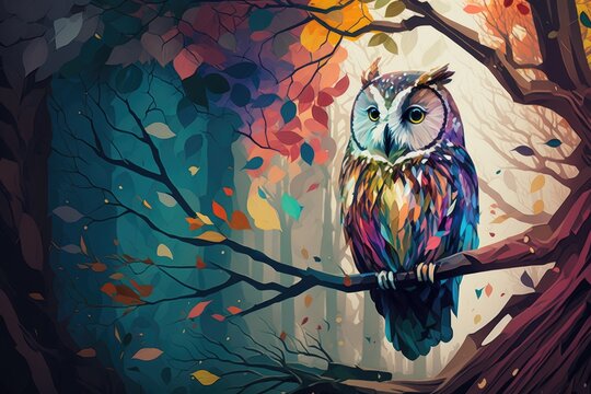 Owl sitting on a branch in the autumn forest