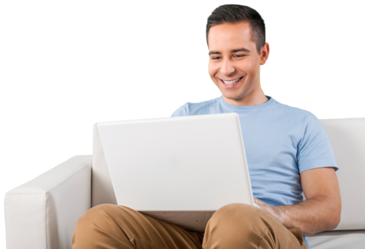 Portrait of young man using laptop isolated on white background