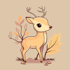 Adorable wild cartoon fawn deer in the forest. Vector flat illustration