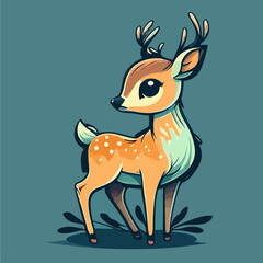 Adorable wild cartoon fawn deer in the forest. Vector flat illustration