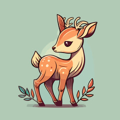 Adorable wild cartoon fawn deer in the forest. Vector flat illustration