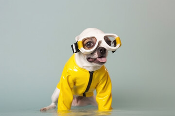 fluffy white puppy practicing scuba diving wearing a yellow jumpsuit, Generative AI