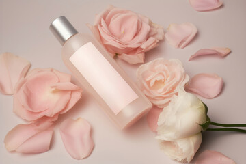 Bottle of facial cleanser nestled in the midst of roses. AI generated