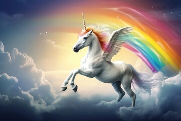 Naklejka na ściany i meble A white unicorn with wings flying over a rainbow. AI generated