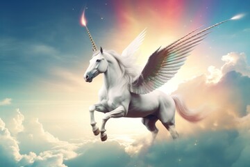 Obraz na płótnie Canvas A white unicorn with wings flying over a rainbow. AI generated