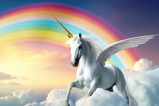 A white unicorn with wings flying over a rainbow. AI generated