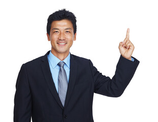 Happy businessman, portrait or pointing up to mockup for finance investment, loan or insurance deal. Smile, hand or Asian CEO showing marketing, logo or advertising space isolated on png background