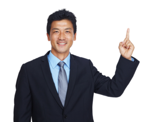 Happy businessman, portrait or pointing up to mockup for finance investment, loan or insurance deal. Smile, hand or Asian CEO showing marketing, logo or advertising space isolated on png background