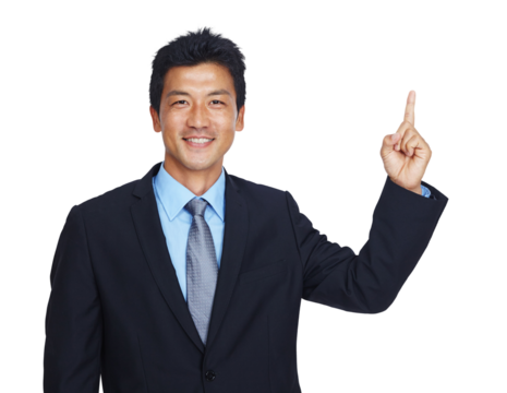 Happy businessman, portrait or pointing up to mockup for finance investment, loan or insurance deal. Smile, hand or Asian CEO showing marketing, logo or advertising space isolated on png background