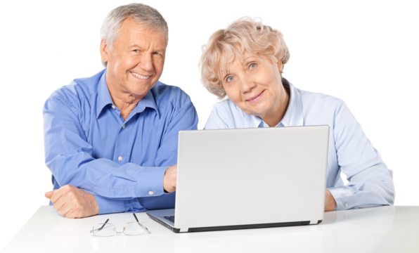 Portrait of happy senior couple with laptop on white