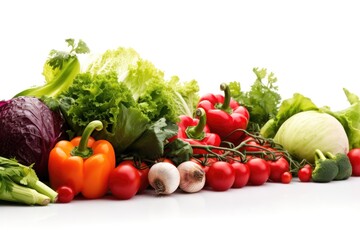 Border design of fresh vegetables, isolated on white. AI generated