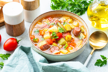 Minestrone soup, italian vegetable soup with smoked sausages, Top view on white table.