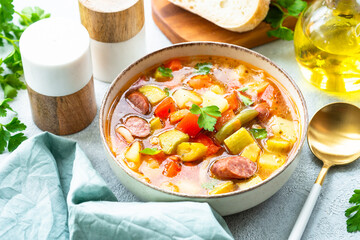 Minestrone soup, italian vegetable soup with smoked sausages, Top view on white table.