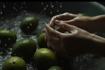 Hands of woman washing ripe avocados under faucet in the sink kitchen. made with generative AI