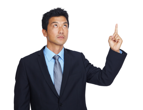Asian businessman, hand or pointing up to finance investment, loan or insurance deal offers. Finger, hand or Japanese worker showing marketing or advertising isolated on transparent png background
