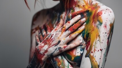 Close-up of a woman with paint splashes all over her body - ai-generated