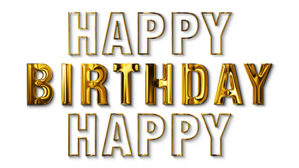 png 3d luxury golden happy birthday text, shiny and glowing letters on blue screen background, party and celebration 