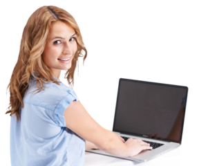 Portrait, woman and laptop mockup for networking, digital marketing and seo research. Happy worker, pc typing and website analytics on technology with screen isolated on a transparent png background