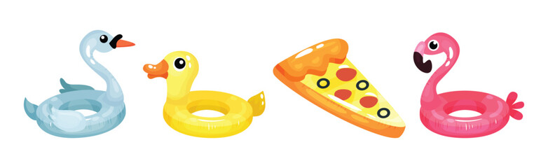 Inflatable Swimming Accessories with Rubber Ring and Mattress Vector Set