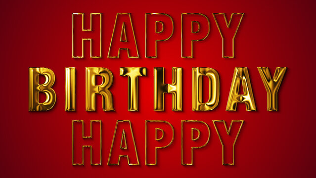3d luxury golden happy birthday text, shiny and glowing letters on red background, party and celebration	