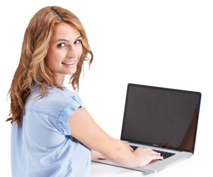 Portrait, woman and laptop mockup for networking, digital marketing and seo research. Happy worker, pc typing and website analytics on technology with screen isolated on a transparent png background - Powered by Adobe