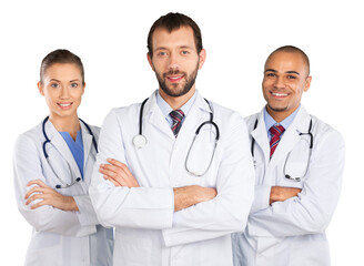 Three confident doctors isolated on white background
