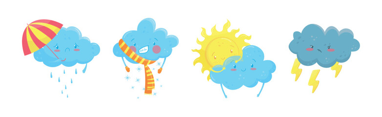 Cartoon Weather and Forecast with Cloud and Sun Expressing Emotion Vector Set