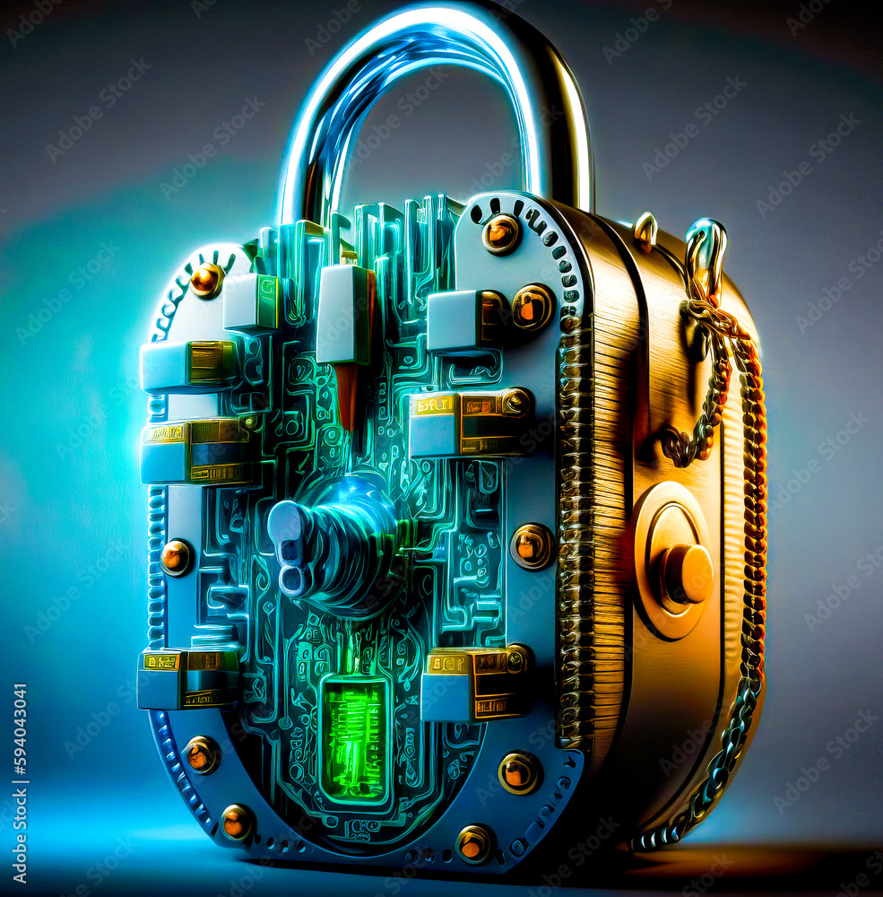 Poster metal padlock with green circuit board on it's side. generative ai.