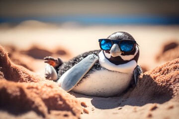 An elegant penguin with sunglasses relaxes on a tropical beach -generative ai