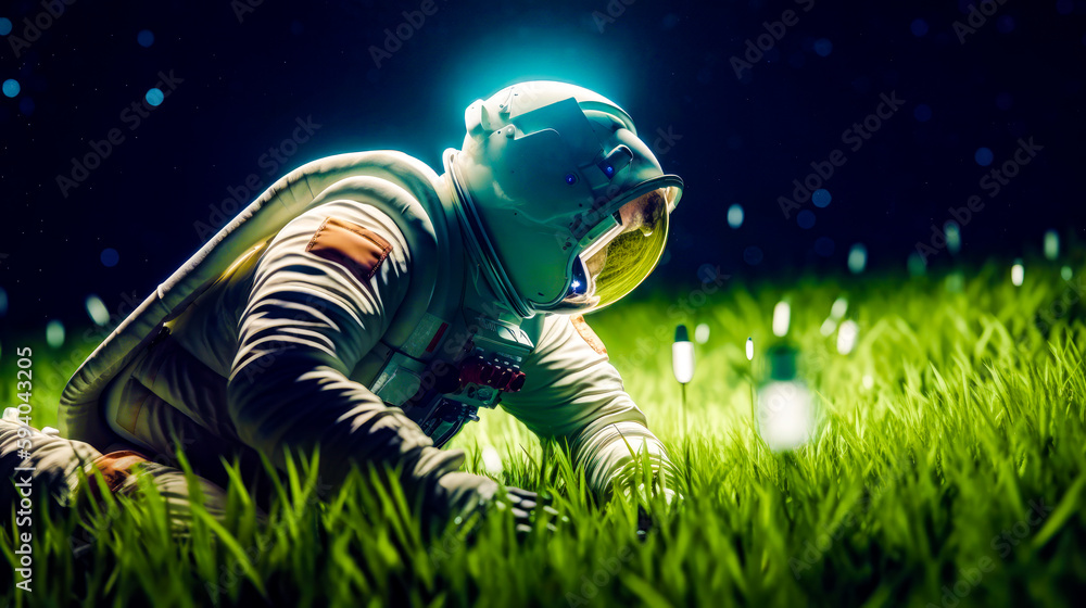 Poster man in space suit laying in the grass with flashlight in his hand. generative ai.