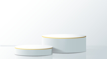 White realistic 3d cylinder pedestal podium. Abstract vector rendering geometric forms. Pastel minimal scene. Stage for showcase, Product display