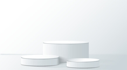 White realistic 3d cylinder pedestal podium. Abstract vector rendering geometric forms. Pastel minimal scene. Stage for showcase, Product display