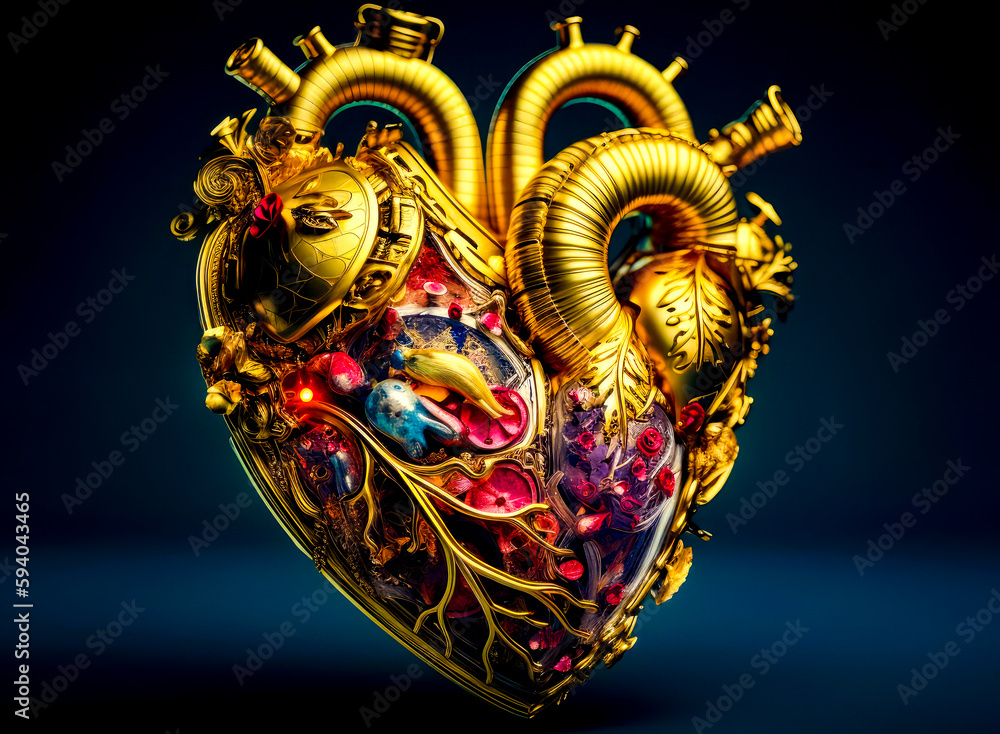 Poster golden heart with clock inside of it on blue background photo. generative ai.