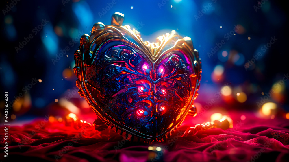 Aufkleber heart shaped box with light inside of it on red blanket. generative ai.