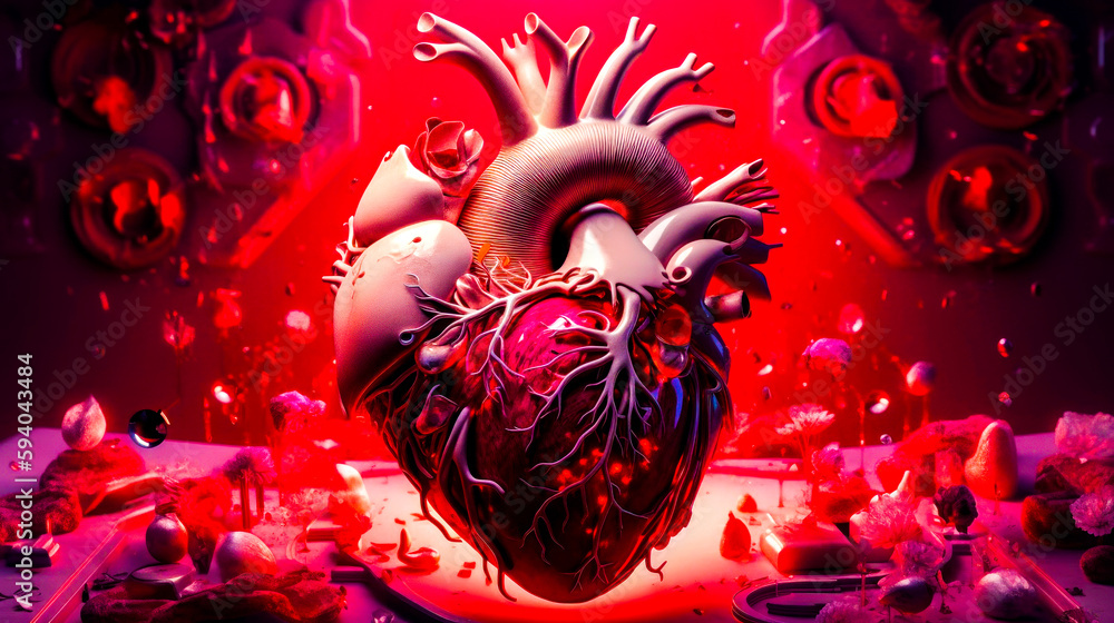 Poster heart in the middle of room with red light behind it. generative ai.
