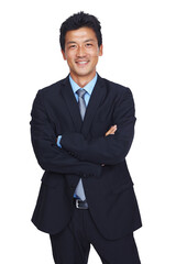 Obraz na płótnie Canvas Portrait, Asian and business man with arms crossed isolated on a transparent png background. Confidence, professional and executive, person and happiness of entrepreneur from Japan with pride for job