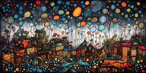 Rural panorama with colorful houses. Impressionist mix coloring abstract art. AI Generative