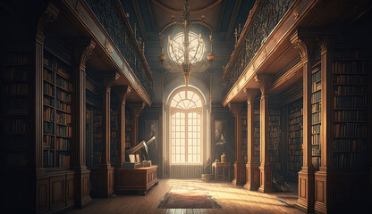Old library with a lot of bookshelves, cabinet with many books digital illustration, magical archive of knowledge concept art (ai generated)
