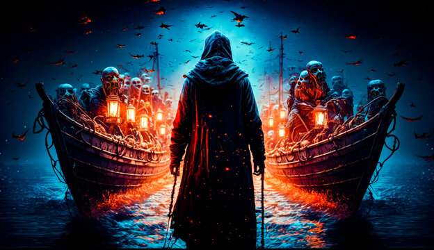 Movie poster with man standing in front of row of boats. Generative AI.