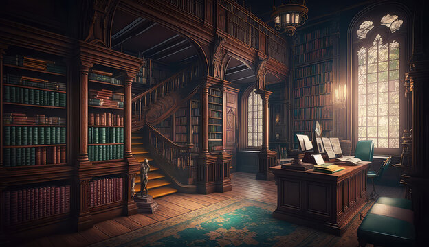 Old library with a lot of bookshelves, cabinet with many books digital illustration, magical archive of knowledge concept art (ai generated)