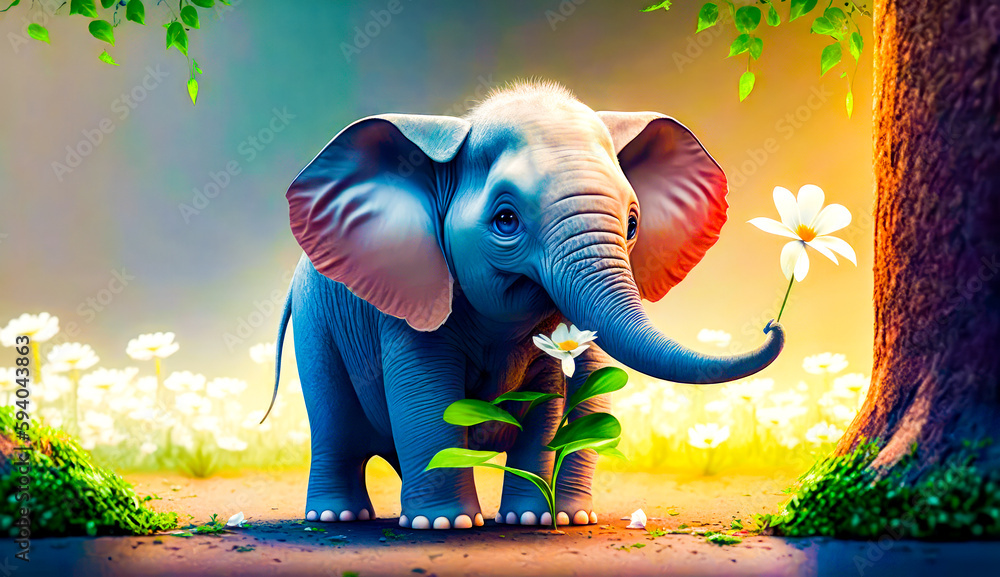 Aufkleber elephant is standing in the grass with flower in it's trunk. generative ai.
