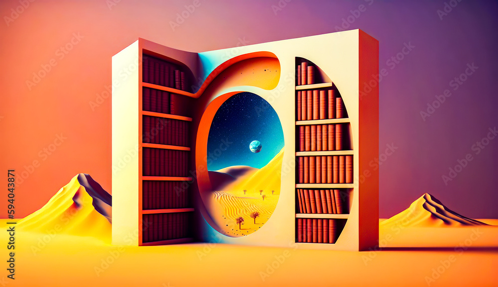 Aufkleber open book with image of desert landscape in the middle of it. generative ai.