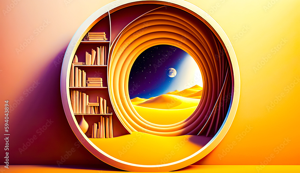 Aufkleber paper cut out of book shelf with desert scene in the background. generative ai.