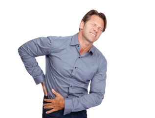 Back pain, spine injury or businessman with emergency crisis, bruised body or injured employee hurt. Bad, muscle strain risk or stressed worker with backache isolated on transparent png background
